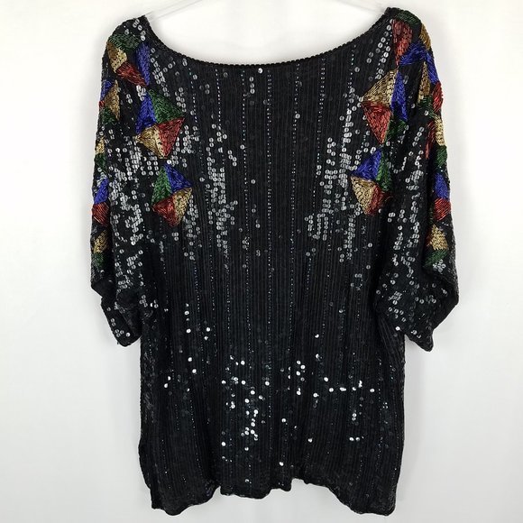Design Assets Women top black silk lined beaded and sequined VTG 2X‎ - Picture 2 of 8